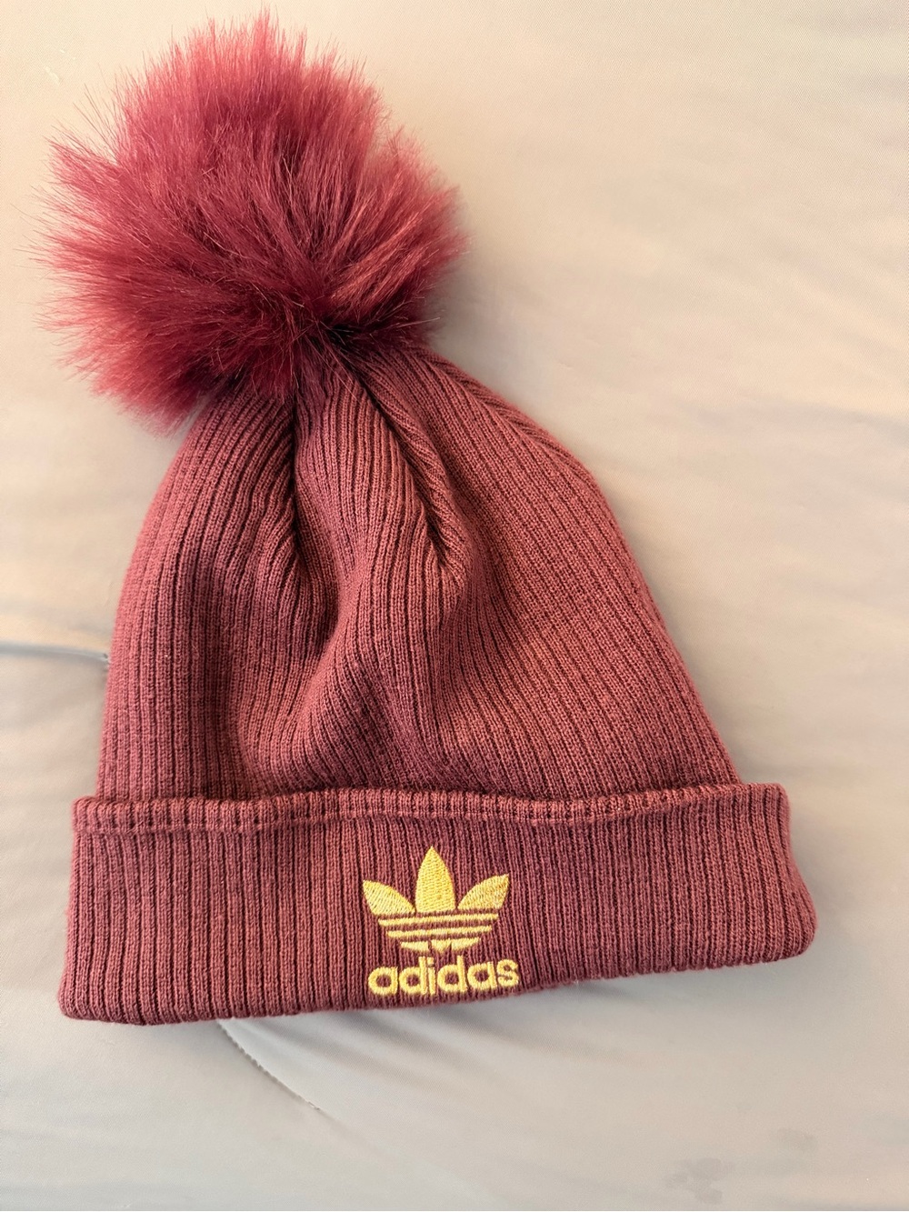 adidas Kids Pom Beanie in Dusty Rose with Gold Trefoil
